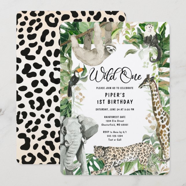 Invitación Leopard Little Wild One Safari Primer cumpleaños (Anverso / Reverso)