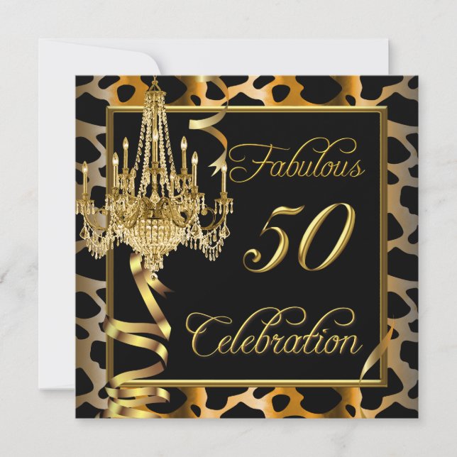 Invitación Leopard Oro Fabuloso Cumpleaños de Mujer 50 (Anverso)
