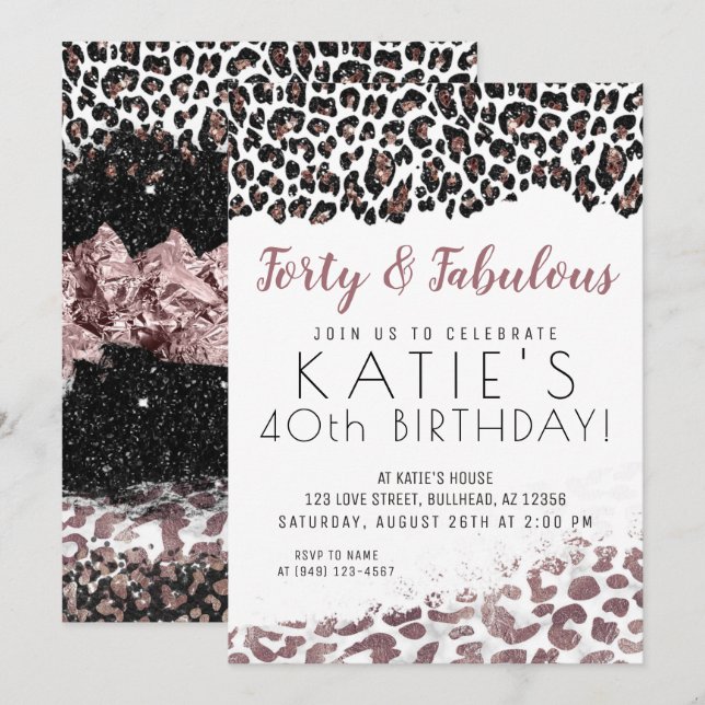 Invitación Leopard Print 40 y fabuloso Rosa Gold Birday (Anverso / Reverso)