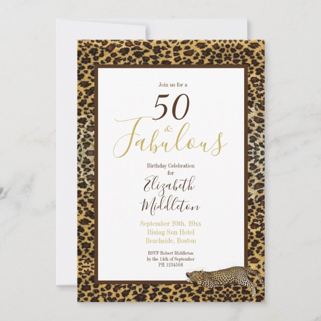Invitación Leopard Print 50 y fabuloso cumpleaños moderno (Anverso)