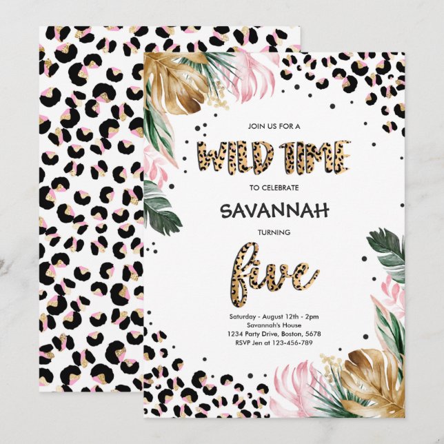 Invitación Leopard Print 5birthday Safari Jungle Fiesta (Anverso / Reverso)