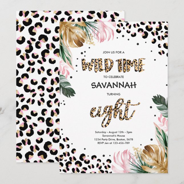 Invitación Leopard Print 8Birthday Safari Jungle Fiesta (Anverso / Reverso)