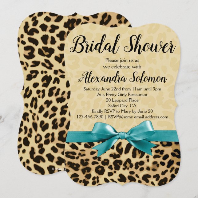Invitación Leopard Print Aqua Blue Bow Bridal Shower (Anverso / Reverso)