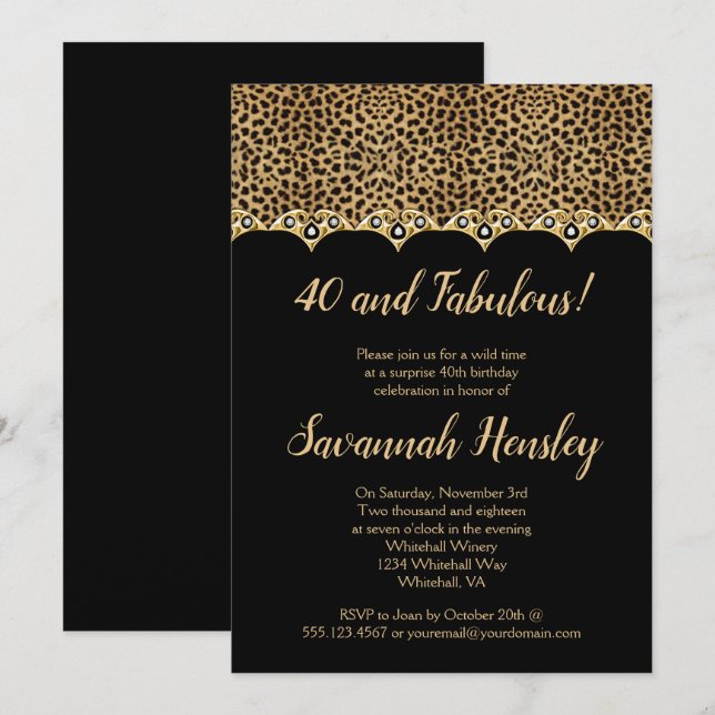 Invitación Leopard Print Black Gold Diamonds 40 y Fabulous (Anverso / Reverso)
