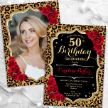 Invitación Leopard Print Black Gold Photo 50th Birthday<br><div class="desc">Elegante invitación femenina de 50 años con tu foto al fondo de la tarjeta. Diseño negro de cristal con estampado de leopardo animal y oro falso purpurina. Cuenta con rosas rojas, fuente de guión y confiti. Perfecto para un elegante fiesta de celebración de cumpleaños. Personaliza con tus propios detalles. ¡Se...</div>