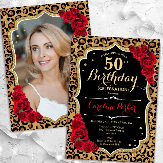 Invitación Leopard Print Black Gold Photo 50th Birthday (Subido por el creador)