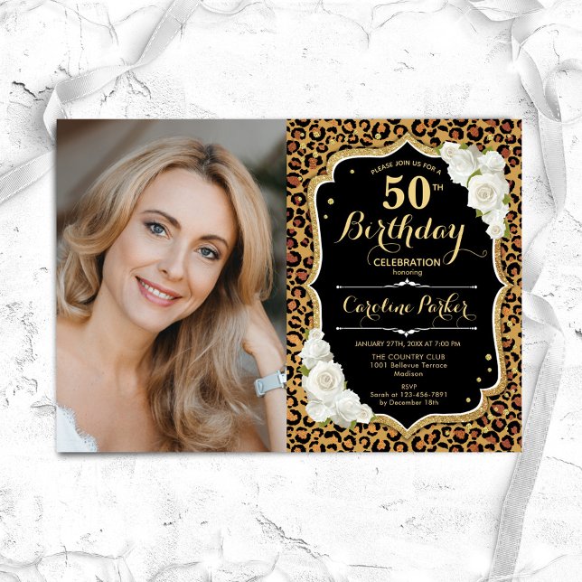 Invitación Leopard Print Black Gold Photo 50th Birthday (Subido por el creador)