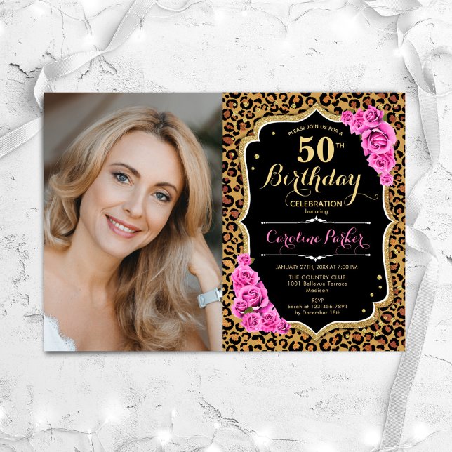 Invitación Leopard Print Black Gold Pink Photo 50th Birthday (Subido por el creador)