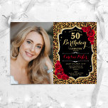 Invitación Leopard Print Black Gold Red Photo 50th Birthday<br><div class="desc">Elegante invitación de 50 años floral femenina con tu foto. Diseño de color rojo negro brillante con oro falso purpurina. Presenta impresión de leopardo animal, rosas rojas, fuente de escritura y confeti. Perfecto para un elegante fiesta de celebración de cumpleaños. Personaliza con tus propios detalles. ¡Se puede personalizar para cualquier...</div>