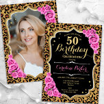 Invitación Leopard Print Black Pink Photo 50th Birthday<br><div class="desc">Elegante invitación femenina de 50 años con tu foto al fondo de la tarjeta. Diseño negro de cristal con estampado de leopardo animal y oro falso purpurina. Presenta rosas rosas rosas rosas rosas, tipo de letra de guión y confeti. Perfecto para un elegante fiesta de celebración de cumpleaños. Personaliza con...</div>