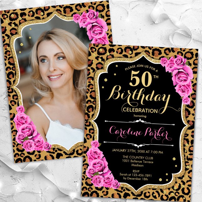 Invitación Leopard Print Black Pink Photo 50th Birthday (Subido por el creador)