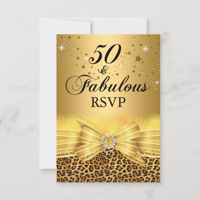 Invitación Leopard Print & Bow 50 & Fabulous RSVP Gold (Anverso)