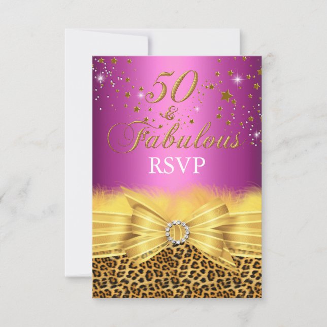 Invitación Leopard Print & Bow Pink 50 y Fabuloso RSVP (Anverso)