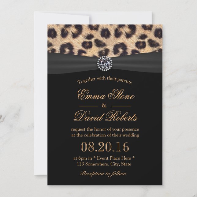 Invitación Leopard Print Bright Diamond Black Ribbon Boda (Anverso)