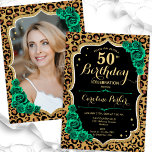 Invitación Leopard Print Emerald Green Photo 50th Birthday<br><div class="desc">Elegante invitación de 50 años con tu foto en la parte trasera de la tarjeta. Diseño de color verde claro con una huella de leopardo animal y oro falso purpurina. Cuenta con rosas de color verde esmeralda, tipo de letra de guión y confeti. Perfecto para un elegante fiesta de celebración...</div>