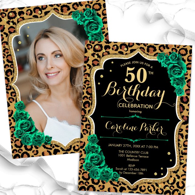 Invitación Leopard Print Emerald Green Photo 50th Birthday (Subido por el creador)