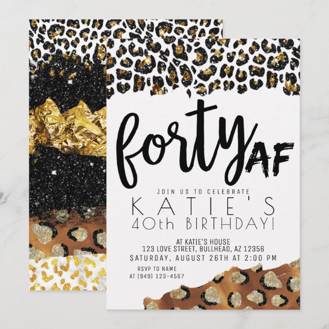 Invitación Leopard Print Forty AF Gold Purpurina 40 cumpleaño (Anverso / Reverso)