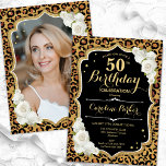 Invitación Leopard Print Gold Black Photo 50th Birthday<br><div class="desc">Elegante invitación de 50 años con tu foto en la parte trasera de la tarjeta. Diseño en blanco y negro de cristal con una huella de leopardo animal y oro falso purpurina. Cuenta con rosas blancas, fuente de guión y confeti. Perfecto para un elegante fiesta de celebración de cumpleaños. Personaliza...</div>