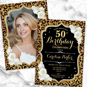 Invitación Leopard Print Gold Black Photo 50th Birthday