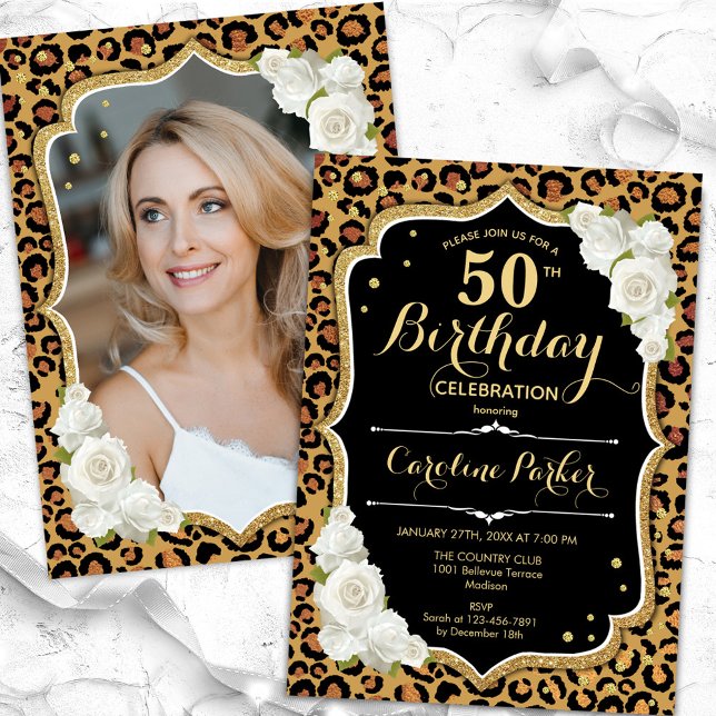Invitación Leopard Print Gold Black Photo 50th Birthday (Subido por el creador)