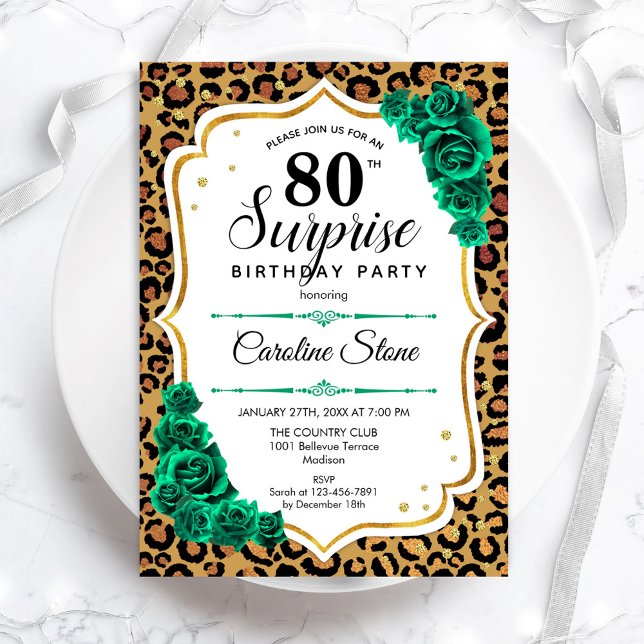 Invitación Leopard Print Gold Green Surprise 80 cumpleaños (Subido por el creador)