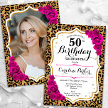 Invitación Leopard Print Gold Pink Photo 50th Birthday<br><div class="desc">Elegante invitación femenina de 50 años con tu foto al fondo de la tarjeta. Diseño de glam con estampado de leopardo animal y oro falso purpurina. Incluye rosas rosados calientes, fuente de guiones y confeti. Perfecto para un elegante fiesta de celebración de cumpleaños. Personaliza con tus propios detalles. ¡Se puede...</div>