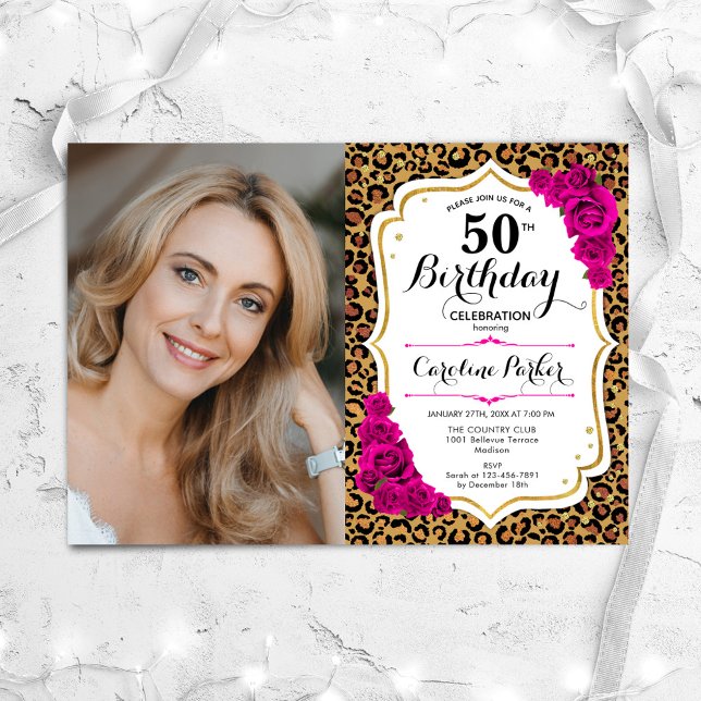 Invitación Leopard Print Gold Pink Photo 50th Birthday (Subido por el creador)