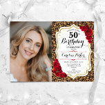 Invitación Leopard Print Gold Red Photo 50th Birthday<br><div class="desc">Elegante invitación de 50 años floral femenina con tu foto. Diseño de blanco brillante con oro falso purpurina. Presenta impresión de leopardo animal, rosas rojas, fuente de escritura y confeti. Perfecto para un elegante fiesta de celebración de cumpleaños. Personaliza con tus propios detalles. ¡Se puede personalizar para cualquier edad! Invitaciones...</div>