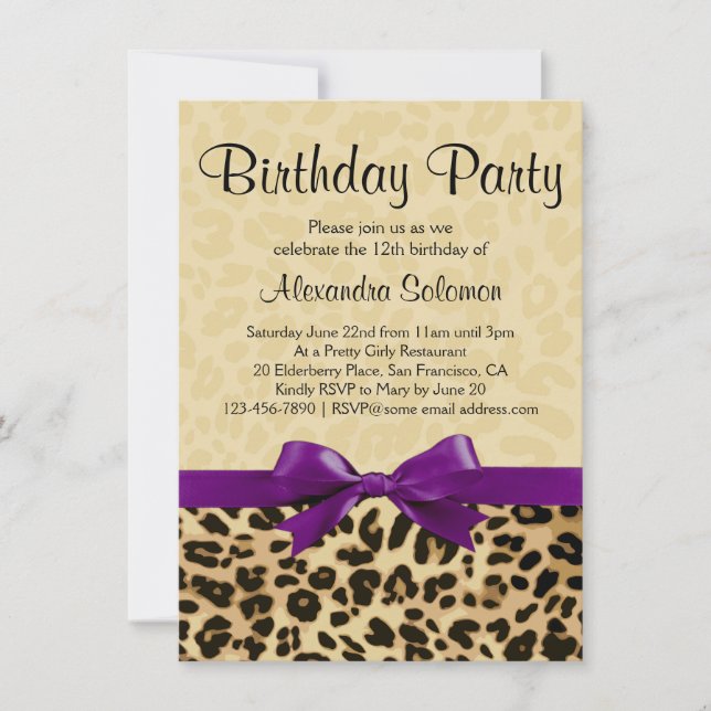 Invitación Leopard Print Grape Purple Bow Chica Birthday Part (Anverso)