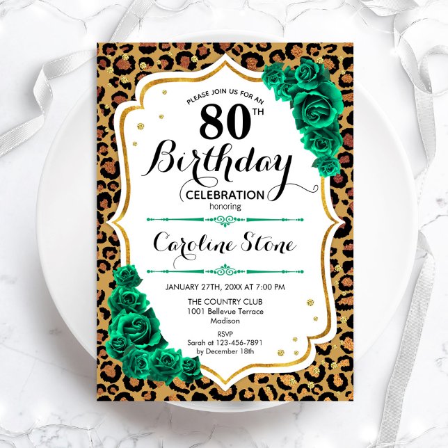 Invitación Leopard Print Green Gold 80 cumpleaños (Subido por el creador)