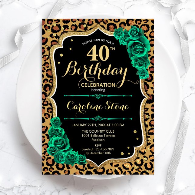 Invitación Leopard Print Green Rosas 40 cumpleaños (Subido por el creador)