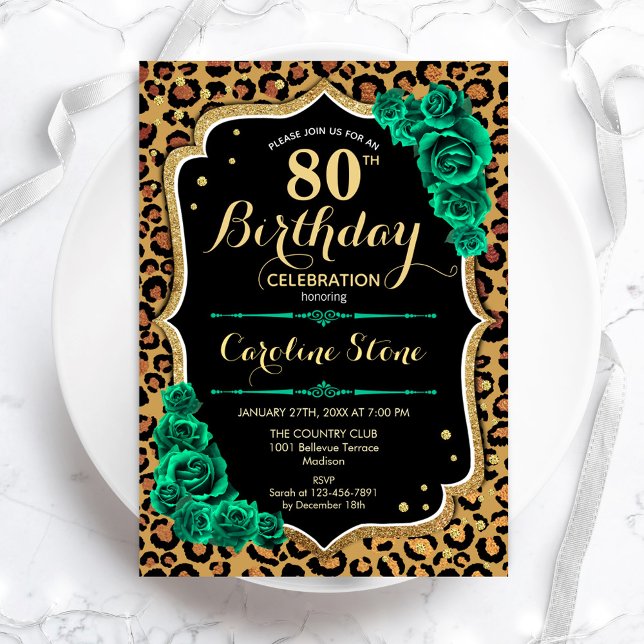 Invitación Leopard Print Green Rosas 80 cumpleaños (Subido por el creador)
