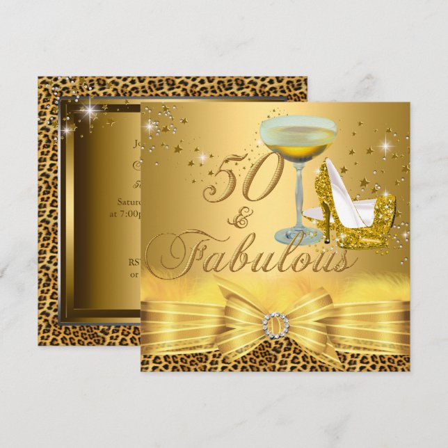 Invitación Leopard Print & Heels 50 Fabulous Gold (Anverso / Reverso)