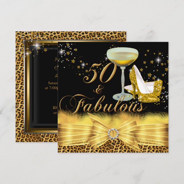 Invitación Leopard Print & Heels Gold 50 y fabuloso cumpleaño (Anverso / Reverso)