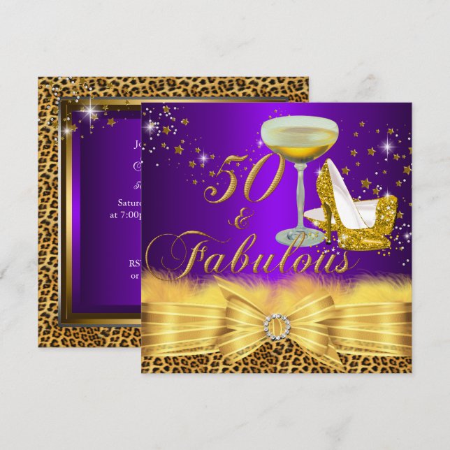 Invitación Leopard Print & Heels Purple 50 & Fabulous (Anverso / Reverso)
