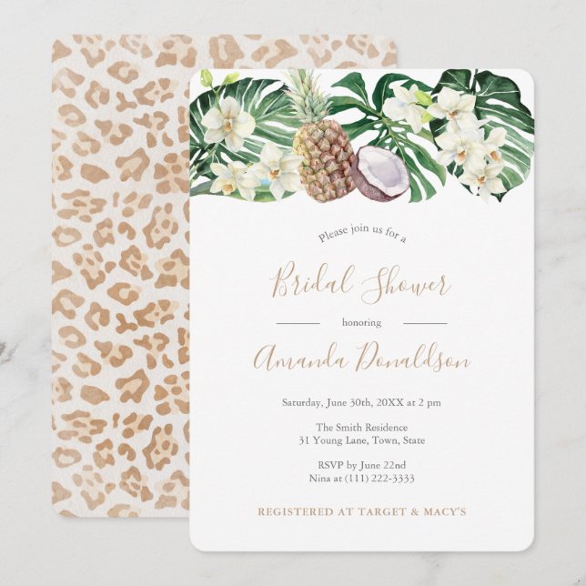 Invitación Leopard Print Jungle Leaves Bridal Shower (Anverso / Reverso)