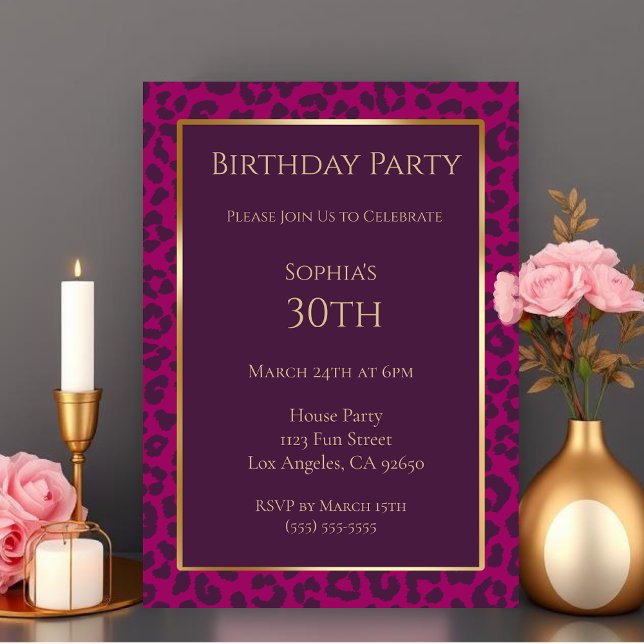 Invitación Leopard Print-Magenta-Cumpleaños (Birthday-Leopard Pattern-Magenta- Invitation )