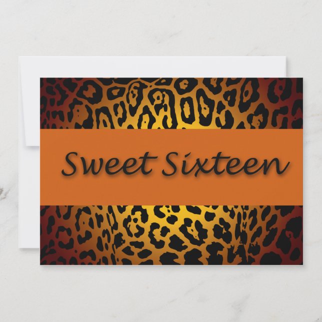 Invitación Leopard Print, Naranja y Black Sweet Dieciséis (Anverso)