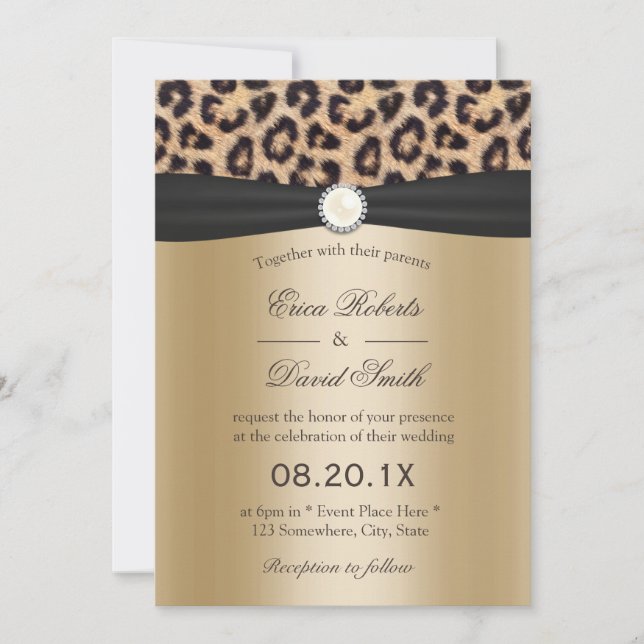 Invitación Leopard Print Pearl & Black Ribbon Elegant Wedding (Anverso)