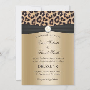 Invitación Leopard Print Pearl & Black Ribbon Elegant Wedding