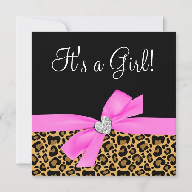Invitación Leopard Print Pink Bow Diamond Chica Baby Shower (Anverso)