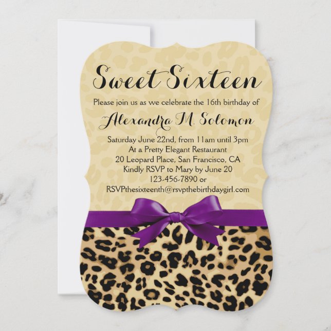 Invitación Leopard Print Purple Bow Sweet 16 Party Invitation (Anverso)