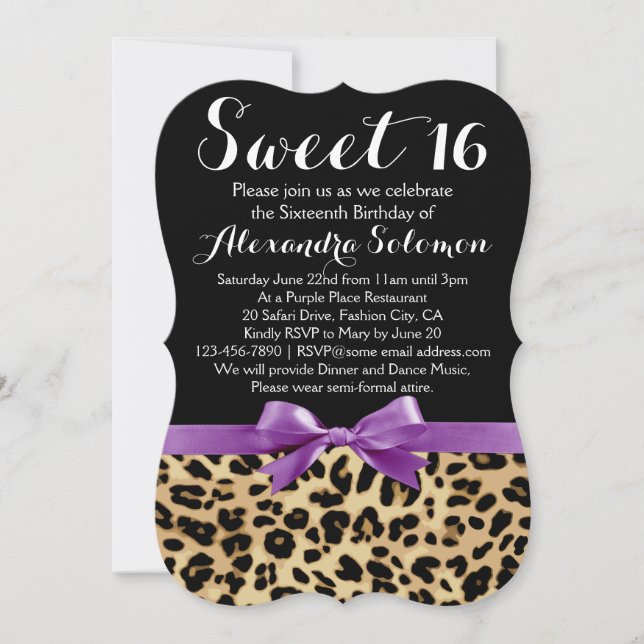 Invitación Leopard Print Purple Bow Sweet 16th Birthday (Anverso)