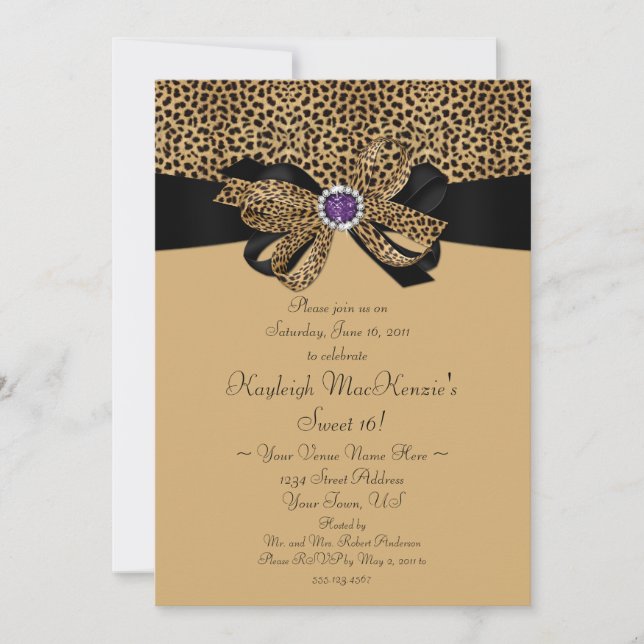 Invitación Leopard Print Purple Jewels Diamonds Sweet 16 Invi (Anverso)