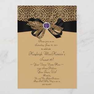 Invitación Leopard Print Purple Jewels Diamonds Sweet 16 Invi