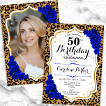 Invitación Leopard Print Royal Blue Photo 50 cumpleaños<br><div class="desc">Elegante invitación femenina de 50 años con tu foto al fondo de la tarjeta. Diseño de glam con estampado de leopardo animal y oro falso purpurina. Incluye rosas azul real de zafiro, fuente de guión y confeti. Perfecto para un elegante fiesta de celebración de cumpleaños. Personaliza con tus propios detalles....</div>