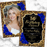 Invitación Leopard Print Royal Blue Photo 50 cumpleaños<br><div class="desc">Elegante invitación de 50 años con tu foto en la parte trasera de la tarjeta. Diseño azul real de color dorado con estampado de leopardo animal y oro falso purpurina. Incluye rosas azules de zafiro, fuente de guión y confeti. Perfecto para un elegante fiesta de celebración de cumpleaños. Personaliza con...</div>