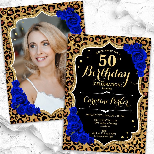 Invitación Leopard Print Royal Blue Photo 50 cumpleaños (Subido por el creador)