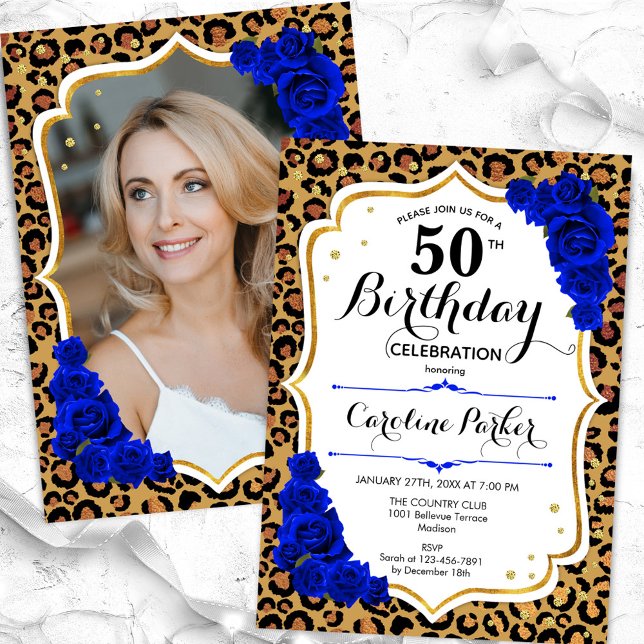 Invitación Leopard Print Royal Blue Photo 50 cumpleaños (Subido por el creador)