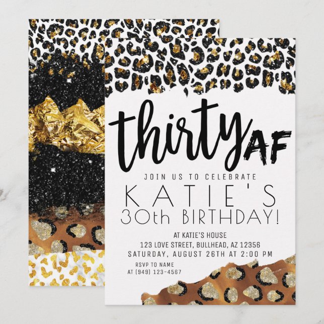 Invitación Leopard Print Treinta AF Purpurina de oro Cumpleañ (Anverso / Reverso)